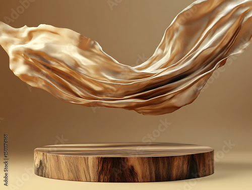 Luxurious wooden podium displaying fluid golden fabric for product presentation and promotion
