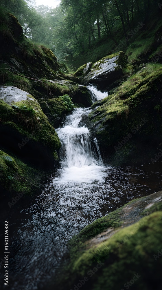 Fototapeta premium A serene waterfall cascading through a lush mossy forest