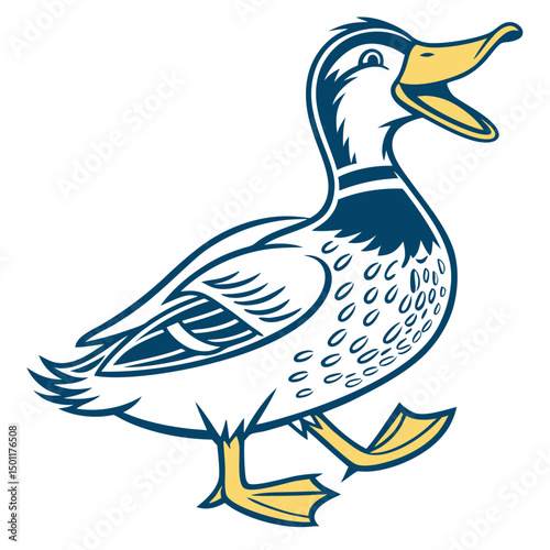 Isolated blue and yellow duck opens beak walking on white background happily