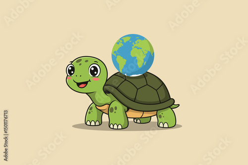 Turtle with World Shell Cartoon Vector Icon Illustration	