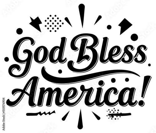 God Bless America graphic design with patriotic theme. Text with decorative elements on a white background. Design for printing on apparel or home decor. patriotic.