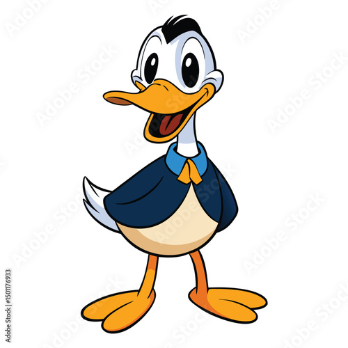 Cheerful cartoon duck character wearing a dark blue jacket is standing here