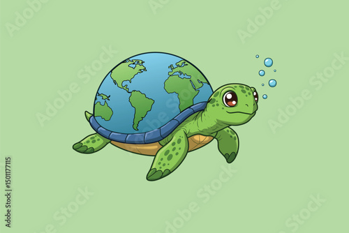 Turtle with World Shell Cartoon Vector Icon Illustration	