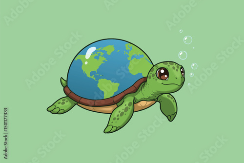 Turtle with World Shell Cartoon Vector Icon Illustration	