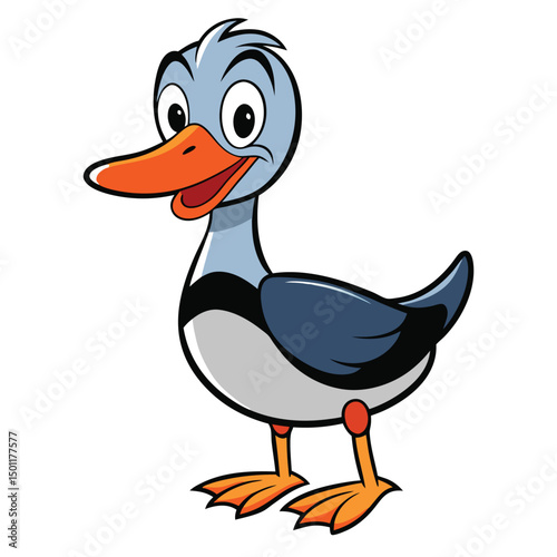 Cartoon duck stands cheerfully with orange beak, feet, and playful face