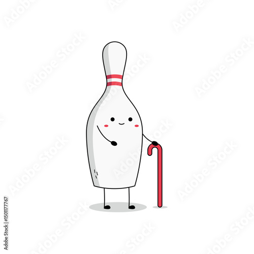 Cute bowling pin cartoon character using a cane doodle