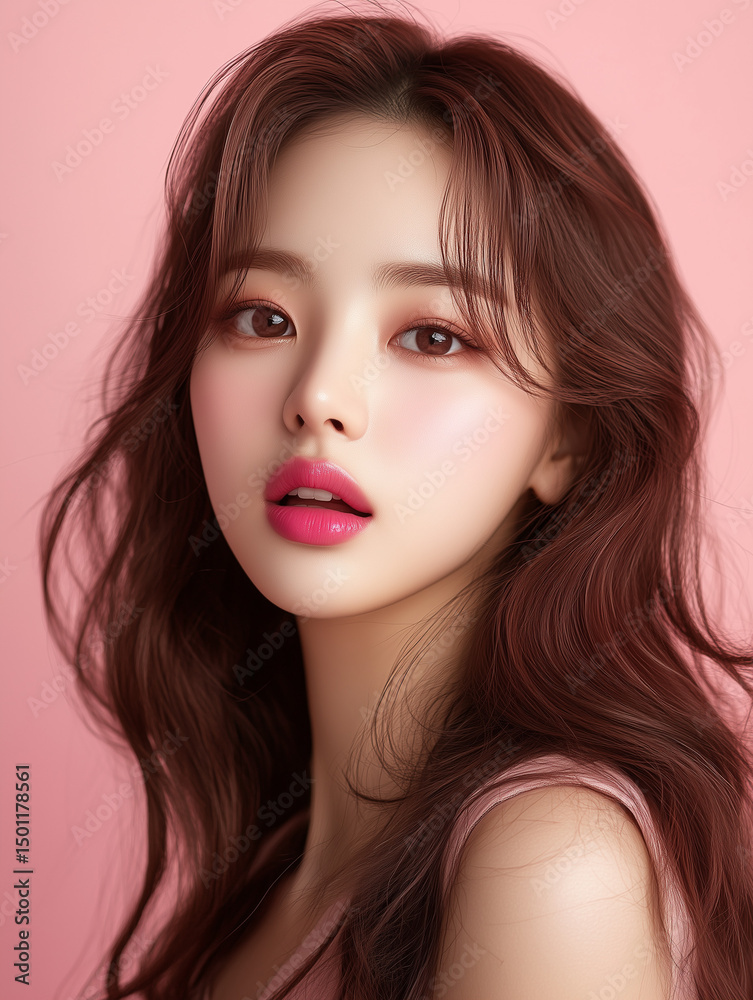 Fototapeta premium Portrait of a young Korean woman with long brown hair and soft makeup against a pink background