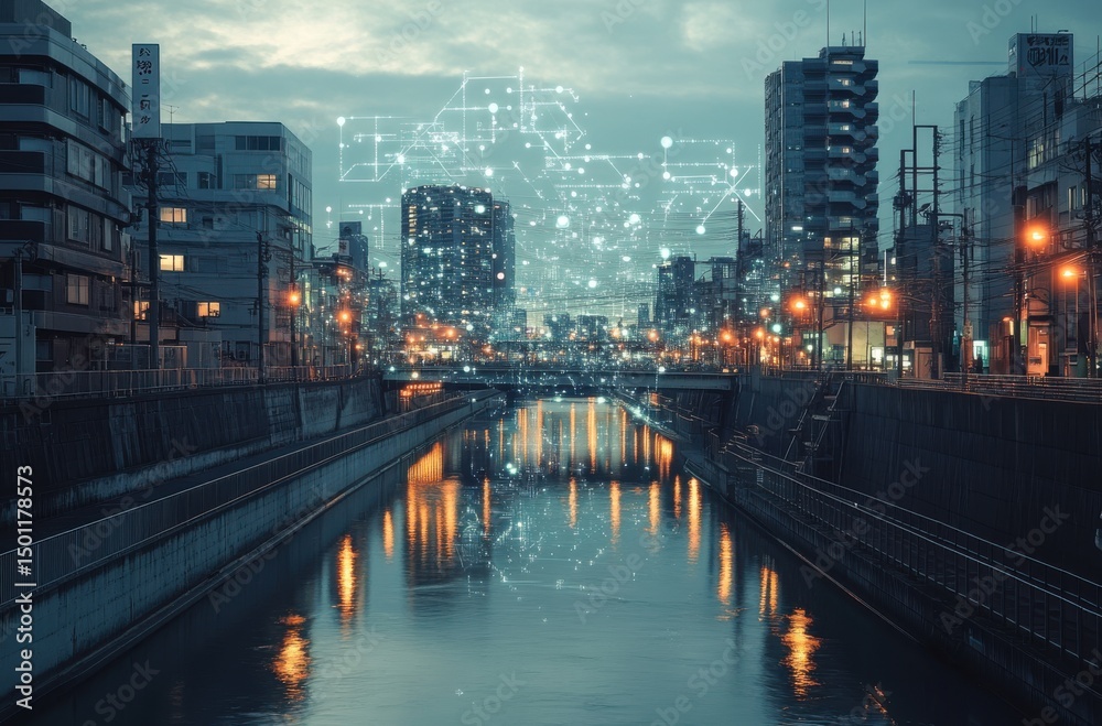Obraz premium Meguro River area flowing with digital particles and smart city