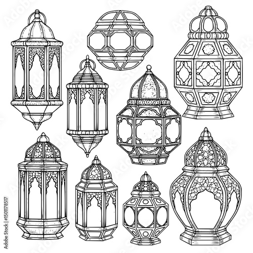 Collection of Ornate Islamic Lanterns in Detailed Line Art Style