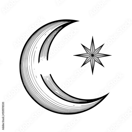 Crescent Moon and EightPointed Star Intricate Line Art Design