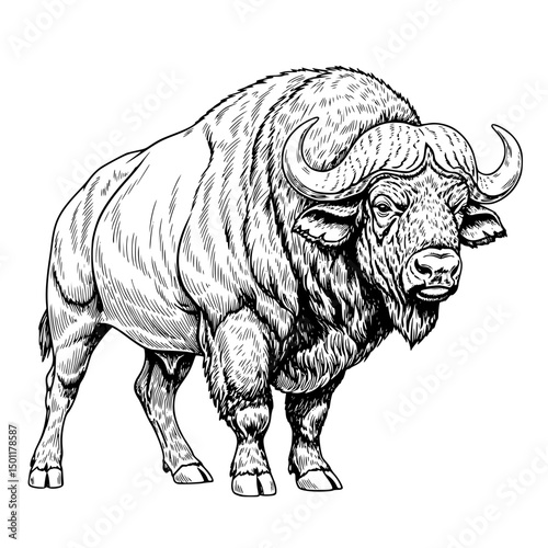 Detailed Black and White Illustration of a Powerful African Buffalo