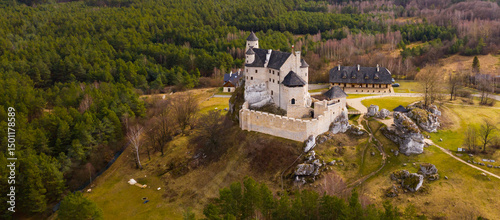 Morning aerial view on the medieval royal castle Bobolice. Poland