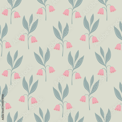 Floral pattern with pink bellflowers, on soft light background.
