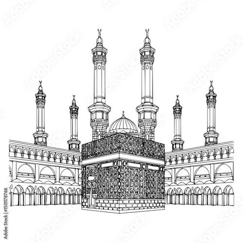 Detailed Line Art Depiction of the Kaaba and Masjid alHaram Architecture