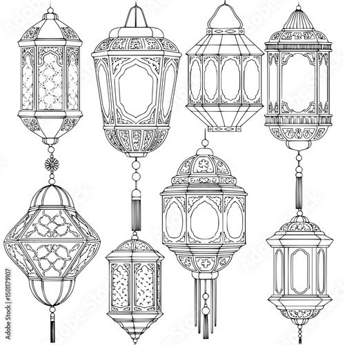 Intricate Black and White Lanterns Displaying Detailed Ornamental Designs