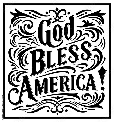 God Bless America decorative lettering design. Ornate typography graphic with decorative flourishes and bold text.