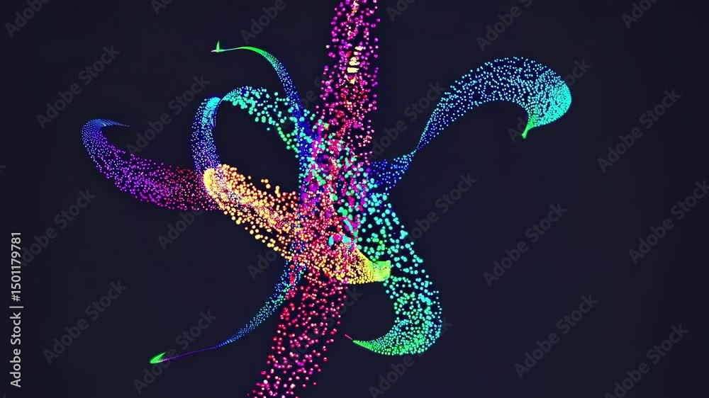 Colorful particles flowing and swirling on a dark background create an abstract composition, showcasing vibrant shapes and dynamic patterns that evoke energy and imagination