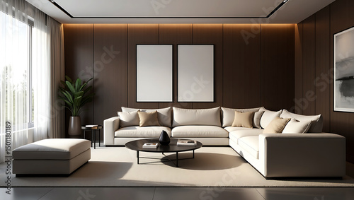 A bright and airy living room features large windows with stunning ocean view  showcasing cozy sofa  stylish coffee table
