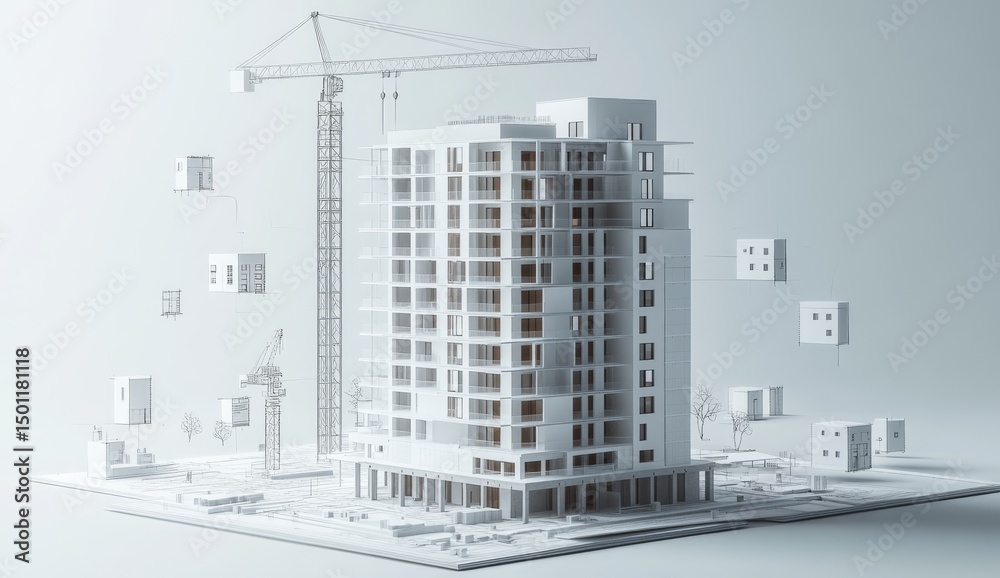 Fototapeta premium Modern apartment building under construction, 3D model