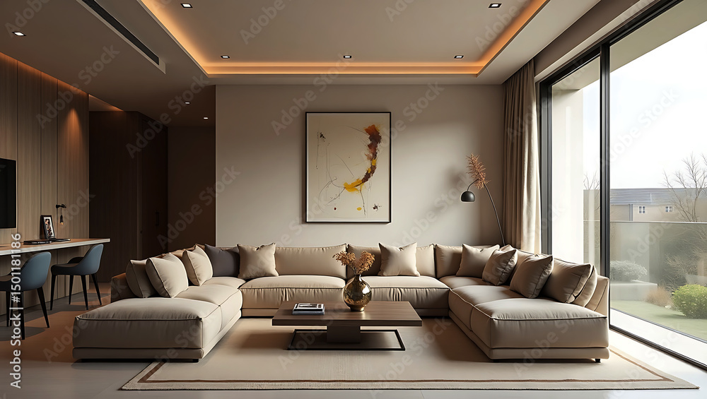 Fototapeta premium A bright and airy living room features large windows with stunning ocean view, showcasing cozy sofa, stylish coffee table