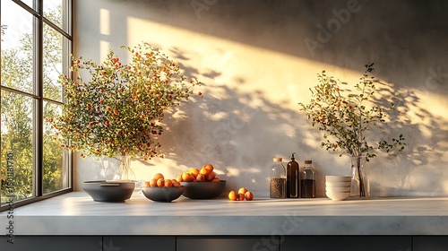 Kitchen counter mockup with oranges plants and sunlit glass jars

