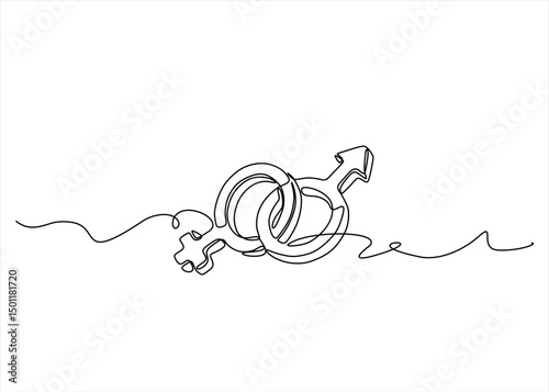 One continuous line gender symbol on white background. Single line with male and female signs. Editable vector