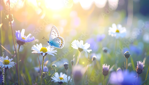 Wild flowers in a meadow at sunset. Macro image, shallow depth of field. Abstract summer nature background
