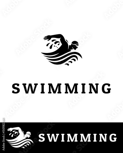 A dynamic logo illustration of a swimmer in action, wearing goggles and performing a freestyle stroke above stylized water waves 