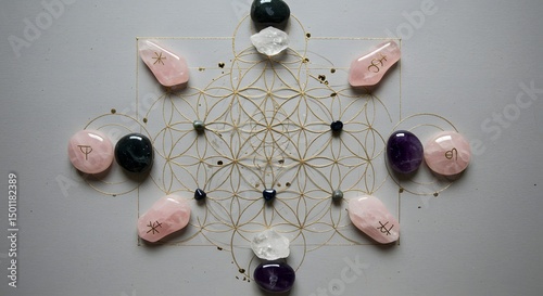 Crystal grid with sacred geometry symbols and polished stones