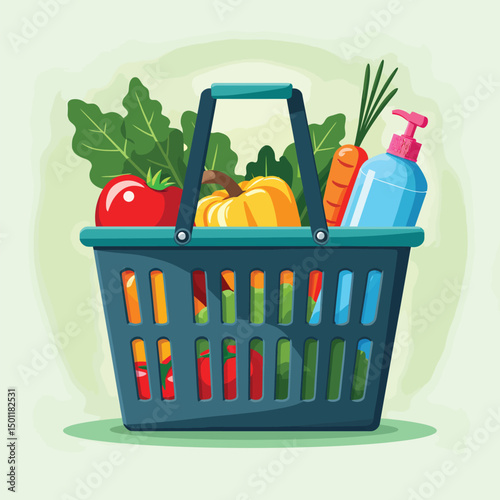 Fresh grocery basket delivery service with healthy foods vector illustration for online shopping concept