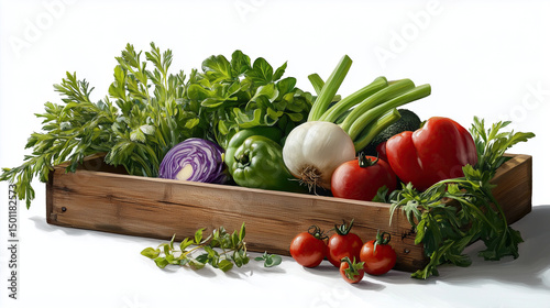 Fresh vegetables in wooden crate, including green bell pepper, red bell pepper, tomatoes, celery, and herbs, evoke sense of healthy living