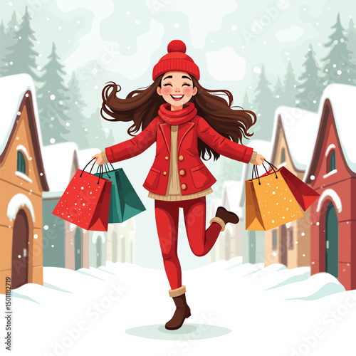 Woman shopping winter sale happy with bags christmas holiday season festive mood joyful snowy day illustration