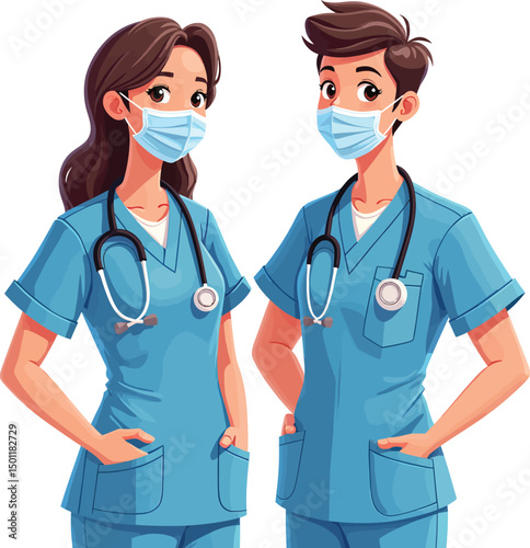Cartoon nurse team vector illustration wearing medical masks and stethoscopes health care professionals