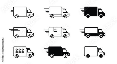 Delivery Truck icon set. Free delivery 24 hours. Fast shipping truck. Fast shipping delivery truck. Express delivery trucks icons. Vector illustration.