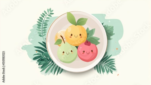 Cute Cartoon Fruits on Plate with Tropical Leaves