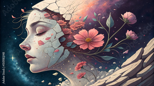 Fragmented Beauty: A Woman's Face Blossoming with Flora