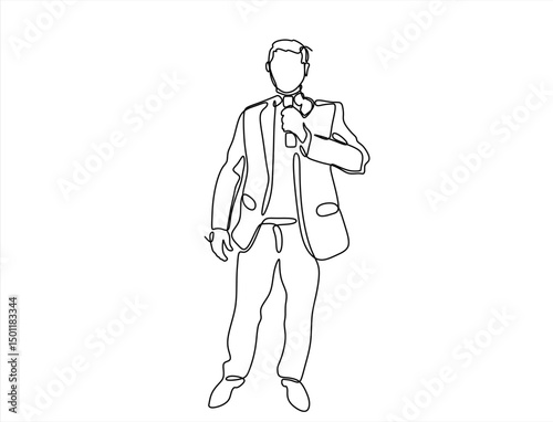Continuous line drawing business presentation man trainer talking one single line drawn character politics speaker, business coach speaking before audience Political meeting speech. Editable vector	