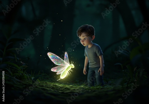 3D Illustration Boy Watching Glowing Pixel Fairy in Dark Forest Scene