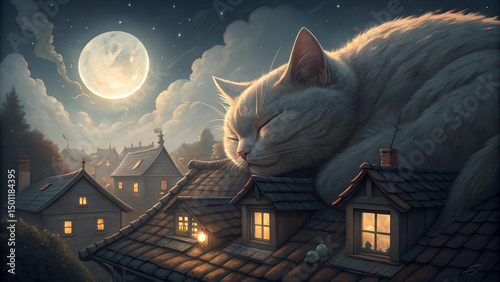 Giant Cat's Dreamy Slumber on Rooftop