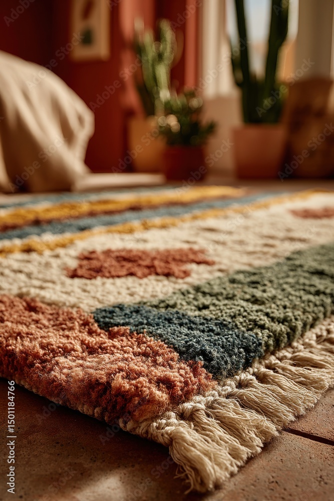 Fototapeta premium Bohemian-style rug with earthy tones enhances cozy eclectic interior decor