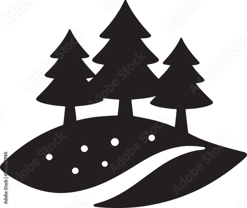 Silhouette vector of a snowy hill with pine trees, perfect for winter scenes, holiday cards, seasonal designs, and nature-inspired artwork.