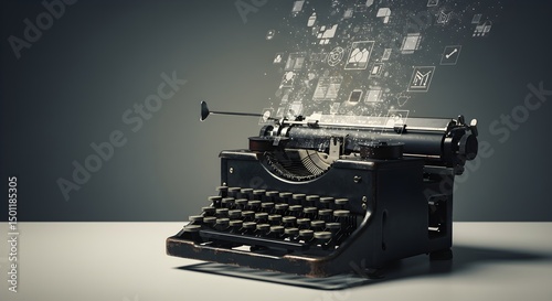Vintage typewriter with digital icons emanating communication technology concept