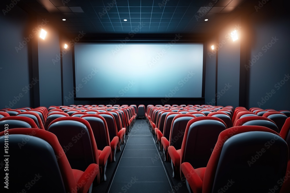 Fototapeta premium A movie theater with a large screen and red seats. The theater is empty