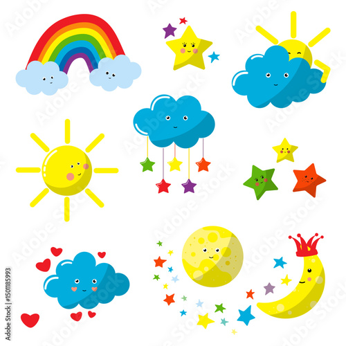 Sky collection. Sun, cloud, moon, crescent, stars, rainbow. Bright stickers for kids. Cards for children. Vector illustration