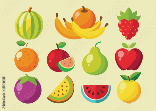 Fruit Vector Icon Set , There are Fruit Icons of Apple, Orange, Pineapple, Mango, strawberry, Blueberry, Watermelon, Banana and More.
