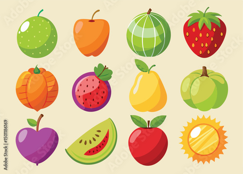 Fruit Vector Icon Set , There are Fruit Icons of Apple, Orange, Pineapple, Mango, strawberry, Blueberry, Watermelon, Banana and More.