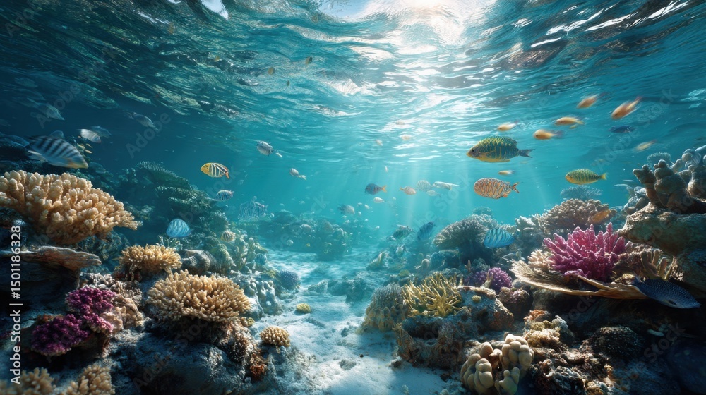 Fototapeta premium Vibrant Underwater Coral Reef Scene with Colorful Fish and Sunbeams