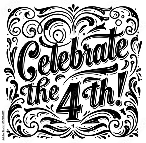 Stylish, ornate black and white lettering with detailed flourishes. Perfect for patriotic themes or merchandise.