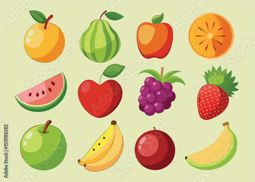Fruit Vector Icon Set , There are Fruit Icons of Apple, Orange, Pineapple, Mango, strawberry, Blueberry, Watermelon, Banana and More.
