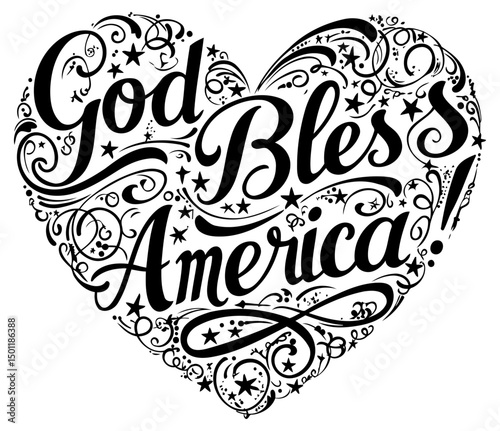 God Bless America heart design with decorative swirls and stars. Patriotic design with a heart-shaped form. Graphic design for various uses -